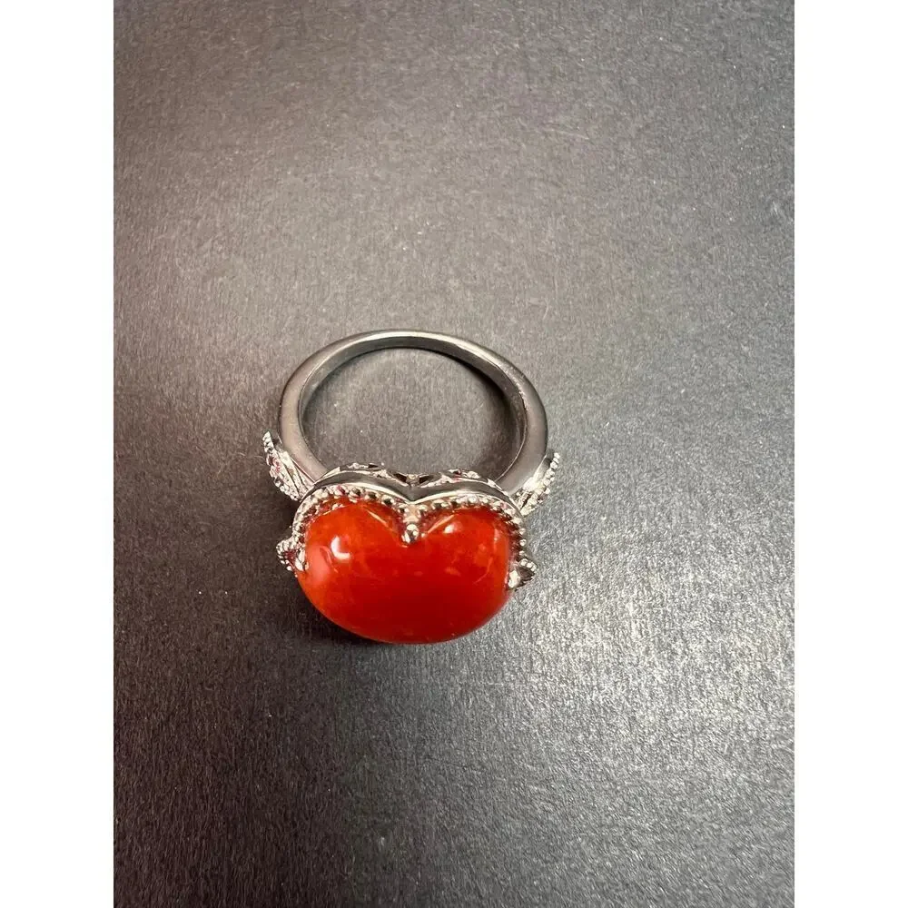 NEW cherry red jade and ruby blossom ring in rhodium over sterling silver size 6